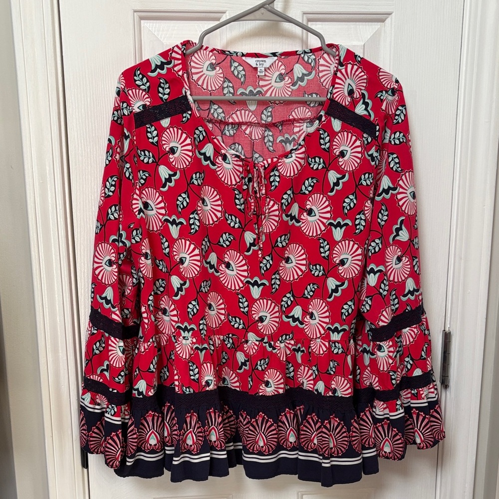 Crown & Ivy Red and Black Floral Blouse